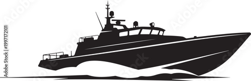 Sleek Boat, Modern Yacht, Black Vector Silhouette, Nautical Icon, Watercraft Design