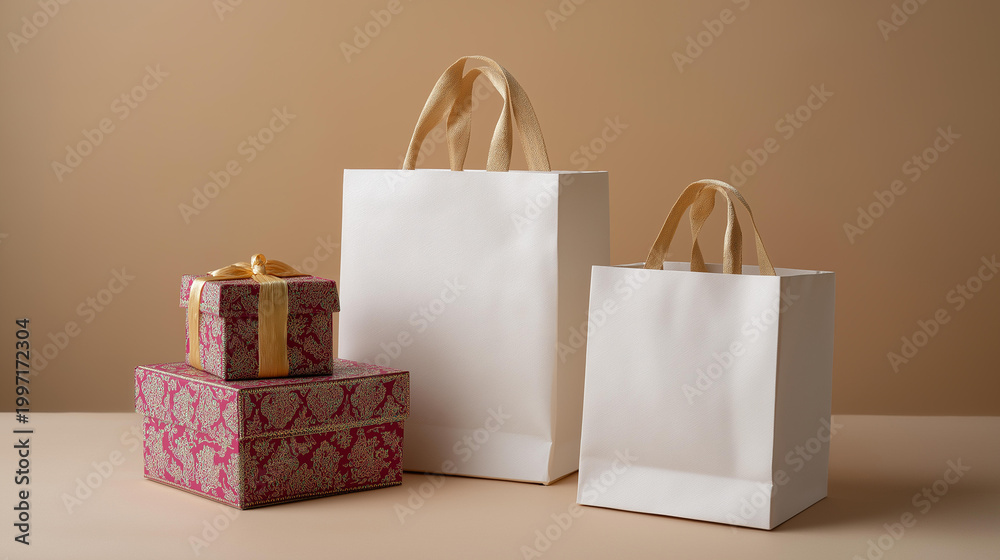 Fototapeta premium A set of shopping bags and gift boxes on a beige studio backdrop, no people, happy family concept, traditional clothes setup, diwali gifts, festive celebration, cultural, heritage, elegance,