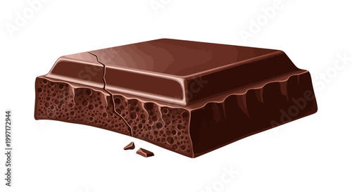 Delicious aerated dark chocolate bar piece on a white background.