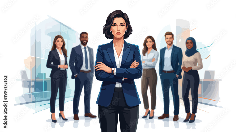 Fototapeta premium Confident Business Team Leadership Diverse Professionals Corporate Group Vector Illustration Successful Workers Collaboration