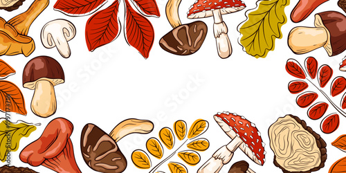Hand drawn mushroom and leaf frame. Autumn season nature elements for greeting card, banner, poster, invitation design in cartoon.