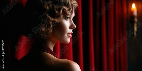 Elegant woman with vintage hairstyle and red dress poses against velvet curtains