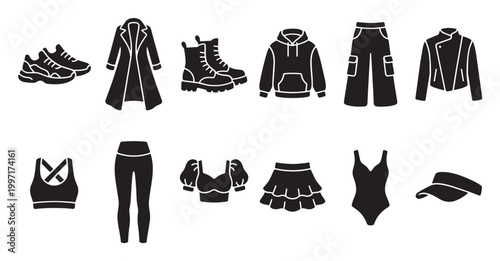 A clean, modern graphic compilation of black silhouette fashion items including sneakers, coat, boots, hoodie, pants, jacket, sports bra, leggings, top, skirt, bodysuit.