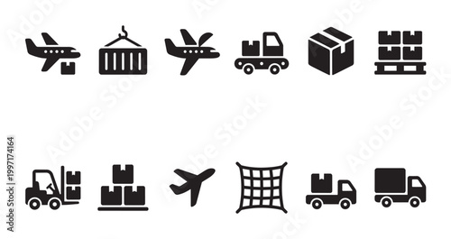 A collection of black and white vector icons depicting various elements of shipping and logistics, including planes, trucks, containers, boxes, and forklifts, suitable for web design and presentations
