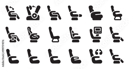 Collection of black airplane seat icons showing various reclining positions, armrest options, and entertainment systems against a white background.