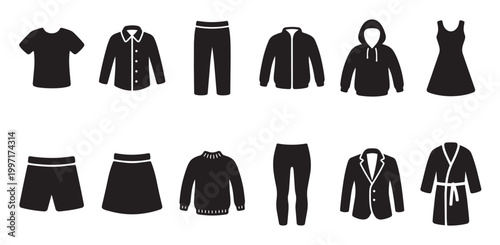 A collection of black silhouette icons representing various clothing items arranged in two rows against a clean white background.