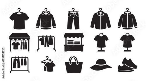 A set of minimalist black icons representing various clothing items, retail displays, and accessories on a white background, perfect for fashion and e-commerce themes.