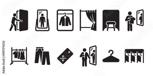 A collection of black and white silhouette icons depicts various aspects of shopping, including fitting rooms, clothing racks, and sale tags, ideal for retail or fashion themes.
