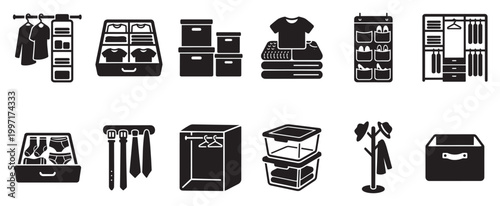 Collection of simple black icons depicting various home organization and storage solutions for clothes, shoes, and accessories, perfect for design projects.