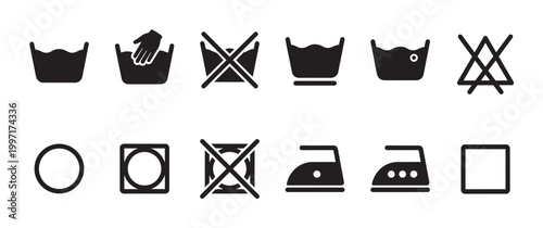 A clean, graphic set of universal laundry care symbols presented in black silhouette on a white background, ideal for instruction labels and design.