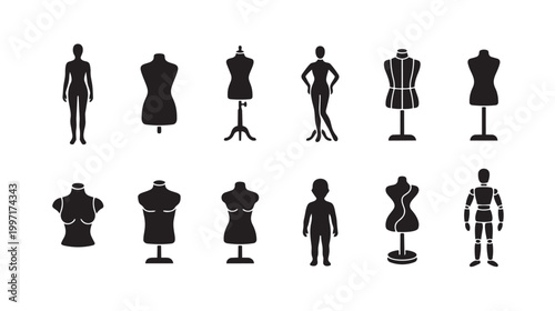 A collection of black silhouette icons featuring various mannequins and human forms against a white background, ideal for fashion and design concepts.