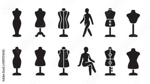 A collection of black silhouette icons featuring various fashion mannequins and stylized human figures, perfect for design projects related to clothing and style.