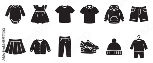 A collection of simple black silhouette icons representing various items of children's clothing on a white background, useful for design projects.