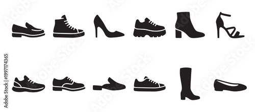 A clean, graphic illustration featuring a variety of black shoe silhouettes against a white background, representing diverse footwear styles for fashion and design concepts.