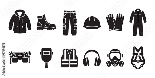 A collection of black silhouette icons depicting various personal protective equipment and workwear essentials, suitable for safety and industrial themes.