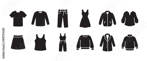 A clean, minimalist graphic design featuring a collection of black silhouette icons of various clothing items arranged in two rows on a white background.