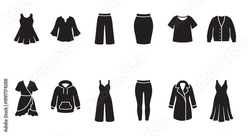 A clean, minimalist collection of black clothing icons arranged in two rows against a plain white background, showcasing various garments.