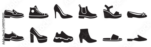A diverse collection of black and white silhouette icons showcasing various shoe styles including heels, sneakers, boots, sandals, and flats, ideal for fashion or e-commerce concepts.