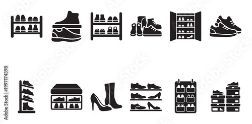 A collection of black silhouette icons depicting various shoe storage solutions, including racks, cabinets, and boxes, illustrating organization and tidiness.