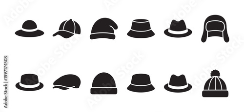 A collection of black silhouette icons representing various styles of hats, presented against a clean white background.