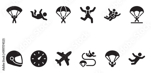 A collection of black and white icons depicting various aspects of skydiving and parachuting, including skydivers in action, a parachute, an airplane, and a helmet.