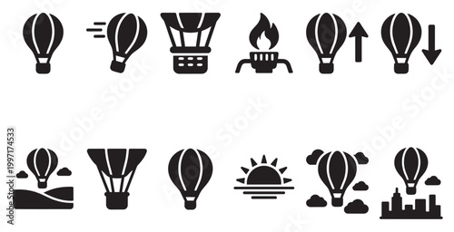 A collection of black and white vector icons depicting hot air balloons in various scenarios including flight, ascent, descent, and over landscapes.