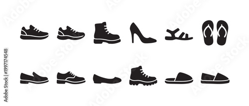 A graphic collection of black shoe icons illustrating various footwear types including sneakers, boots, heels, sandals, and slippers on a clean white background.