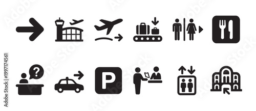 A graphic set of flat black icons depicting various airport services and navigation cues on a white background, perfect for travel-related designs.
