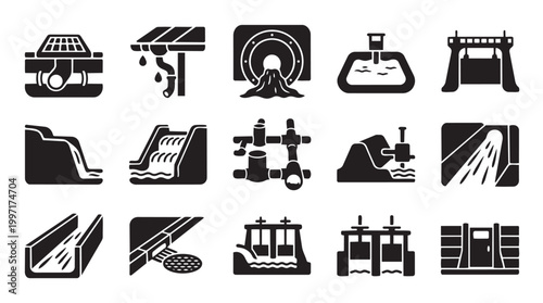 A collection of black and white silhouette icons representing various water infrastructure and drainage systems, including pipes, drains, and dams.