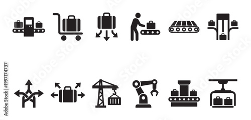 A collection of vector icons depicting various luggage handling processes including conveyor belts, sorting systems, cranes, robotic arms, and transportation systems against a white background.