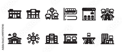 Collection of modern flat black icons representing bus stations, transport hubs, and city buses, ideal for transportation concepts.