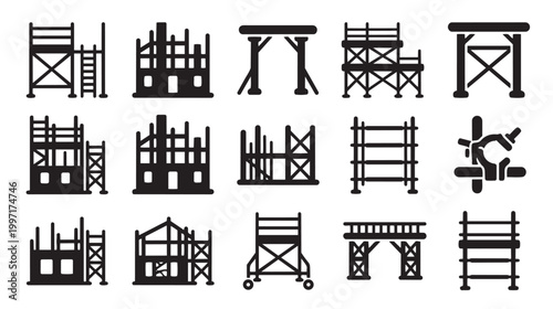 A collection of black silhouette icons depicting various scaffolding and construction elements, including scaffolding towers, unfinished buildings, and structural supports.