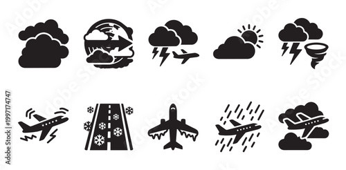 A collection of black and white vector icons depicting airplanes and various weather conditions, representing transportation and travel challenges.