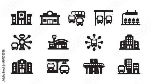 A collection of black and white flat icons depicting various transportation hubs including train stations, bus stops, and transit buildings for city planning concepts.
