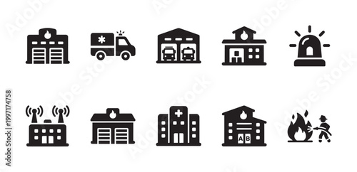 Collection of black vector icons representing fire stations, ambulance, emergency siren, hospital, and firefighter battling fire.