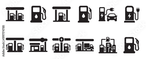 A collection of diverse black silhouette icons representing various fuel stations and electric vehicle charging points, illustrating modern transportation energy options.