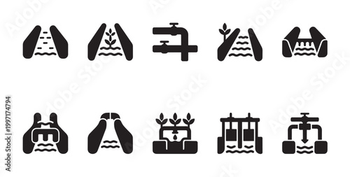 Collection of black and white glyph icons representing various water irrigation methods, water conservation, and agricultural fluid management systems.