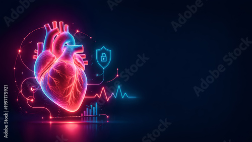 Digital heart monitoring concept with protected cardiology data and cybersecurity shield