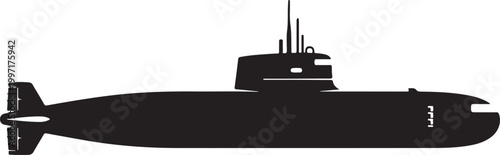 Black submarine vector silhouette, naval vessel icon, military boat illustration, ocean explorer graphic