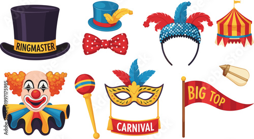 Colorful Carnival and Circus Vector Icons Set Featuring Ringmaster Hat, Clown, Lollipop, Carnival Mask, Big Top Tent, and Party Accessories for Event Planning and Decorations