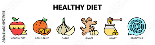 Healthy Diet web banner icon vector illustration concept with icons of healthy diet, citrus fruit, garlic, ginger, honey, and probiotics.