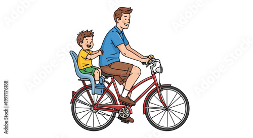 Happy father and son riding bicycles in park in flat cartoon illustration style