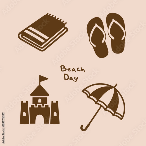 Hand-drawn line art set of beach day