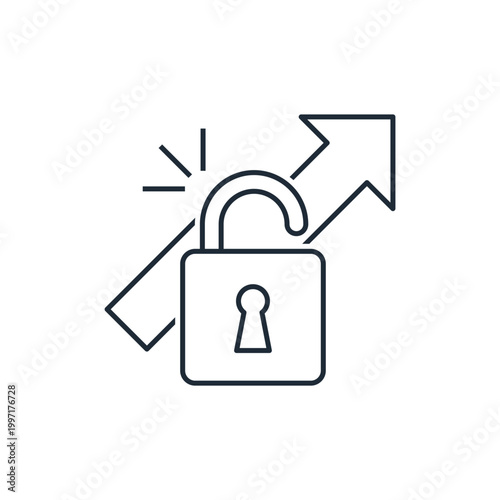 An open lock with an arrow pointing upwards. Open the way to development. New opportunity. Vector linear icon illustration isolated on white background.