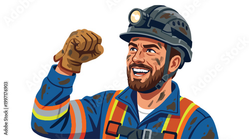 Determined Miner Celebrating Success Underground Vector Illustration with Hard Hat and Workwear