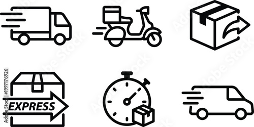 Delivery and logistics icons set with fast shipping truck courier scooter express parcel symbols outline vector collection isolated on light background