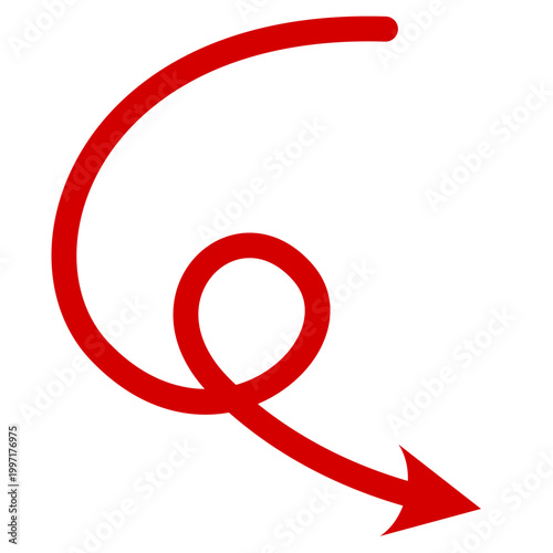 Red hand drawn loop arrow icon with curved swirl shape for creative design element with transparent background