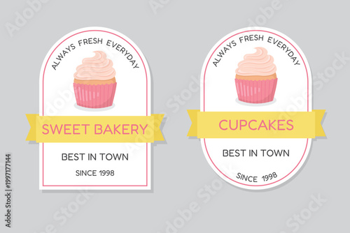 Bakery labels set with pink muffins. Cupcake Badge Labels, Vintage Pastry Shop Emblems
