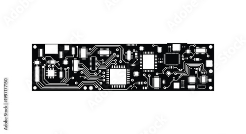 Intricate circuit board design with numerous components a striking black silhouette