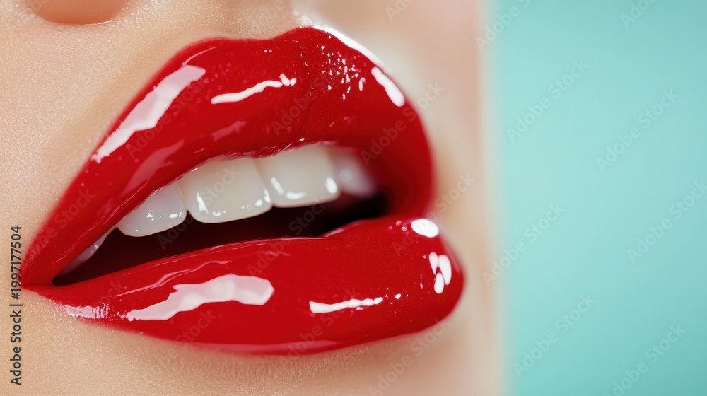 Obraz premium A close-up shot featuring glossy red lips that pop beautifully against a soft background, highlighting vibrant makeup artistry and oral aesthetics for beauty enthusiasts.